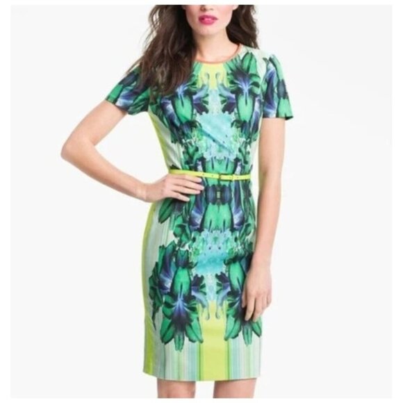Elie Tahari Angie Lime Green Mirror Orchid Sheath Midi Dress US 10 Maximalism - Picture 1 of 13